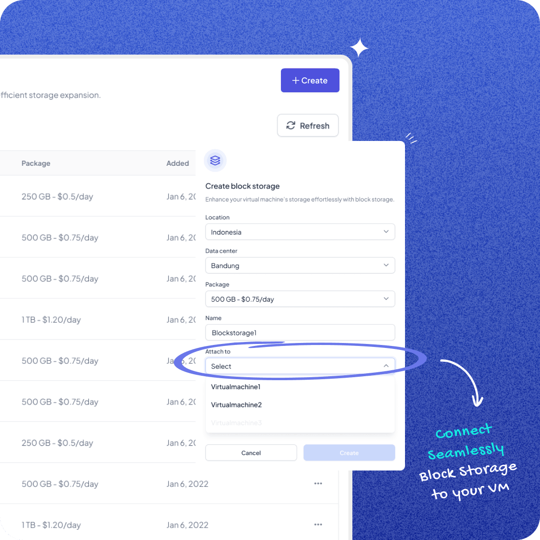 Mocaas Cloud UI Design - Block Storage connect to your Virtual Machine